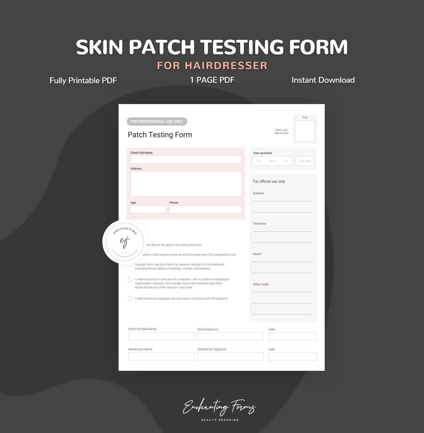 Patch Testing Form for Hairdressers